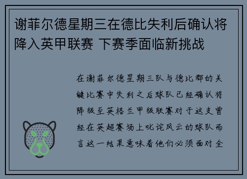 谢菲尔德星期三在德比失利后确认将降入英甲联赛 下赛季面临新挑战 谢菲尔德星期三在德比失利后确认将降入英甲联赛 下赛季面临新挑战